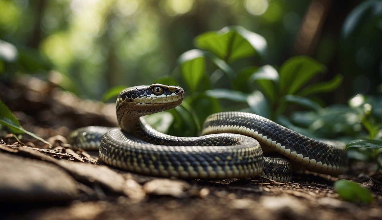 A jungle clearing with venomous snakes slithering among rocks and foliage, their vibrant scales glistening in the dappled sunlight