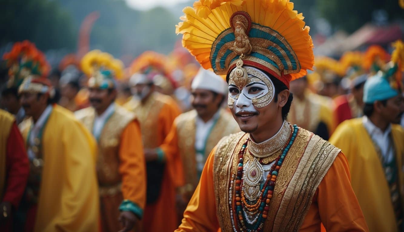 A colorful festival with dancing, music, and traditional costumes, featuring a large cobra symbolizing cultural and popular significance