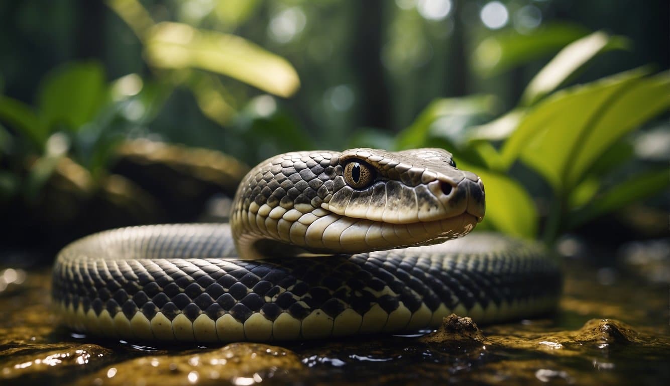 A large sucuri snake with sharp teeth, coiled around a prey item, in a swampy, tropical setting