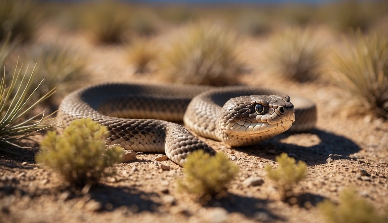 A rattlesnake slithers through dry desert brush, its distinctive diamond-shaped markings and rattle clearly visible