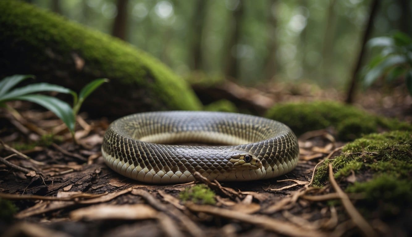 Tipos De Jararaca: Conheça As Espécies Mais Comuns No Brasil 3 A coiled jararaca snake poised to strike, with triangular head and patterned scales, blending into the forest floor