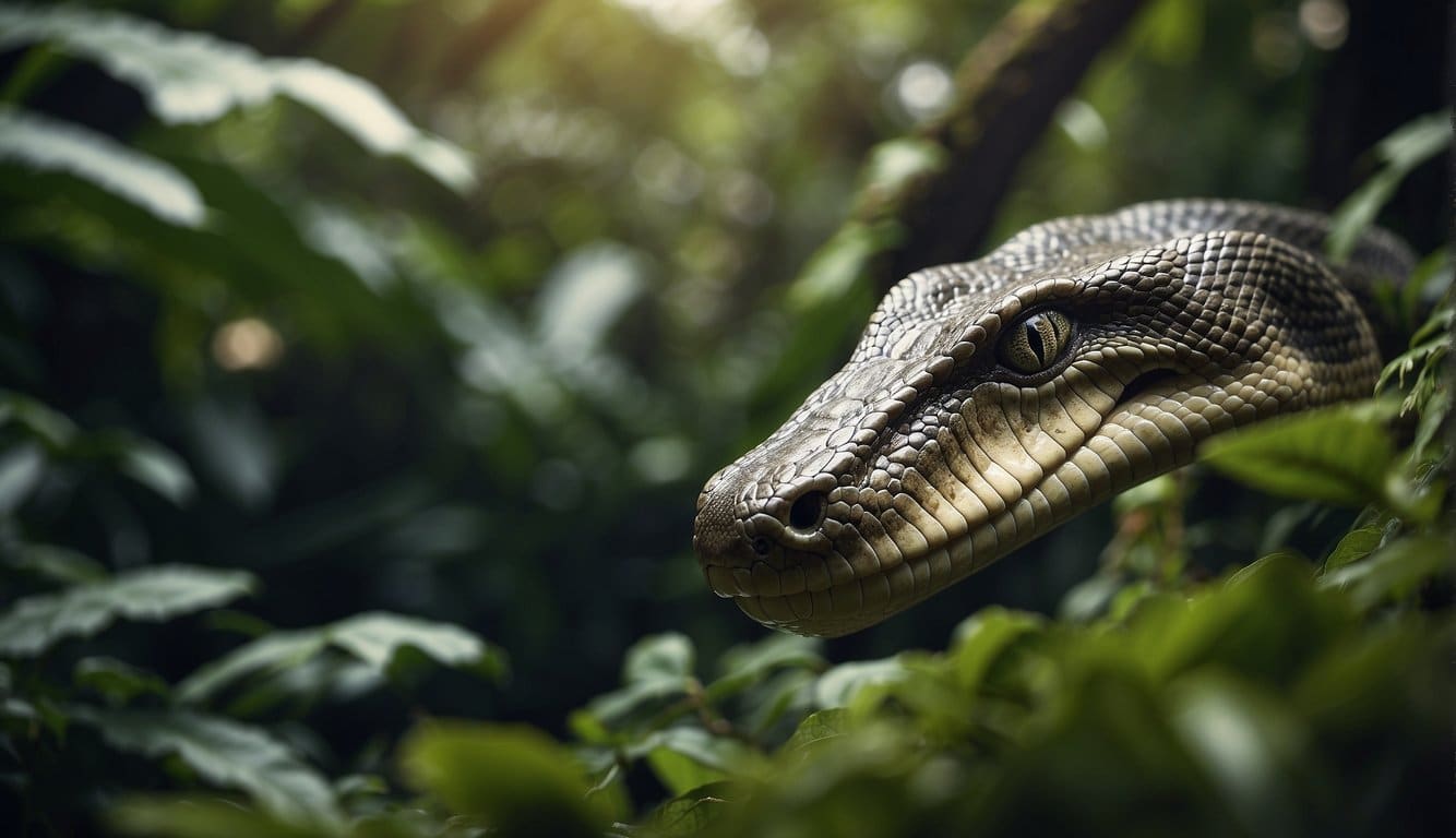 Titanoboa Cobra: A Cobra Pré-Histórica Gigante Com Veneno Mortal 3 A titanoboa snake slithers through a dense jungle, its massive body weaving through the foliage as it hunts for prey