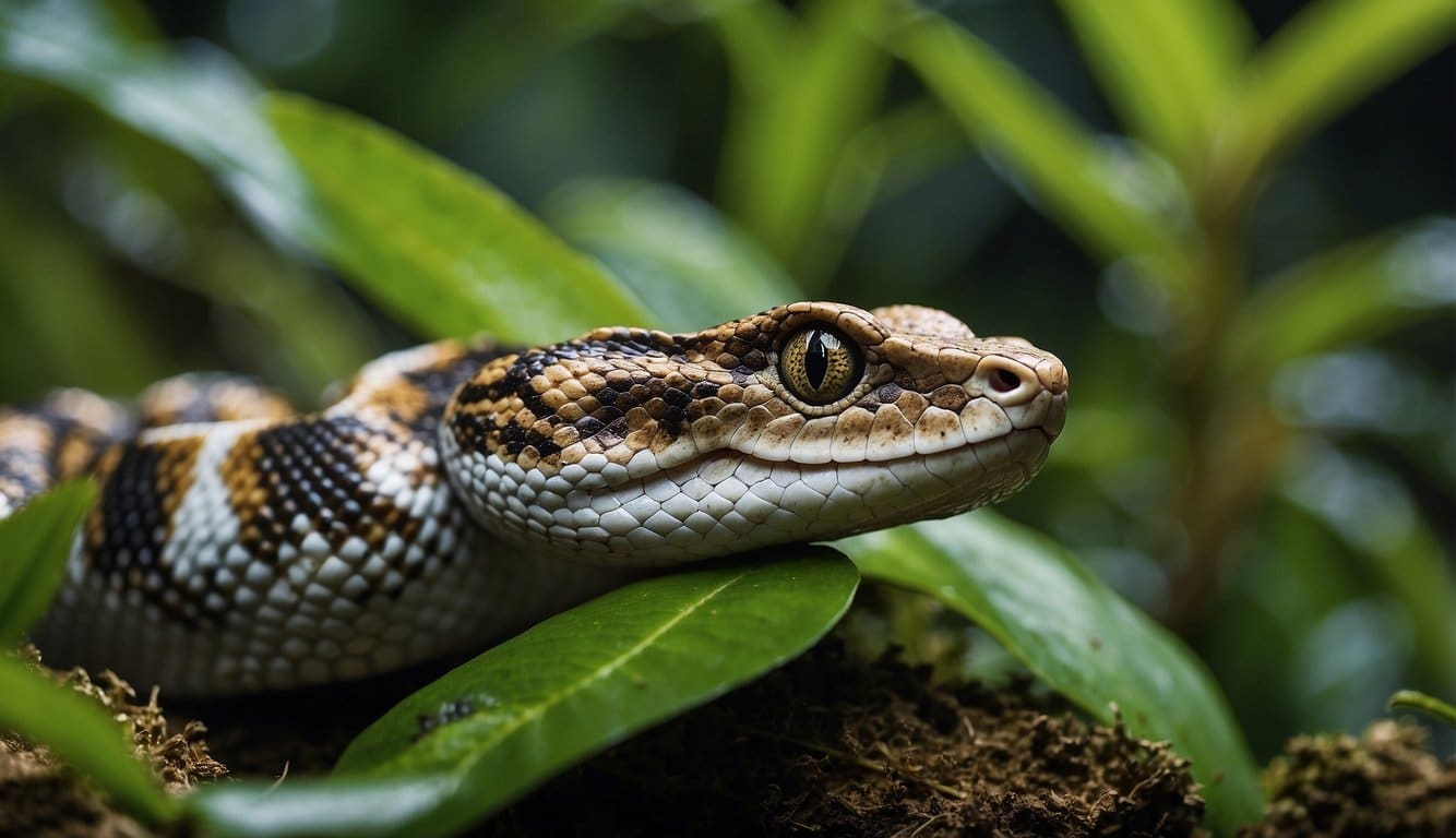 A horned viper slithers through a lush jungle, interacting with its environment