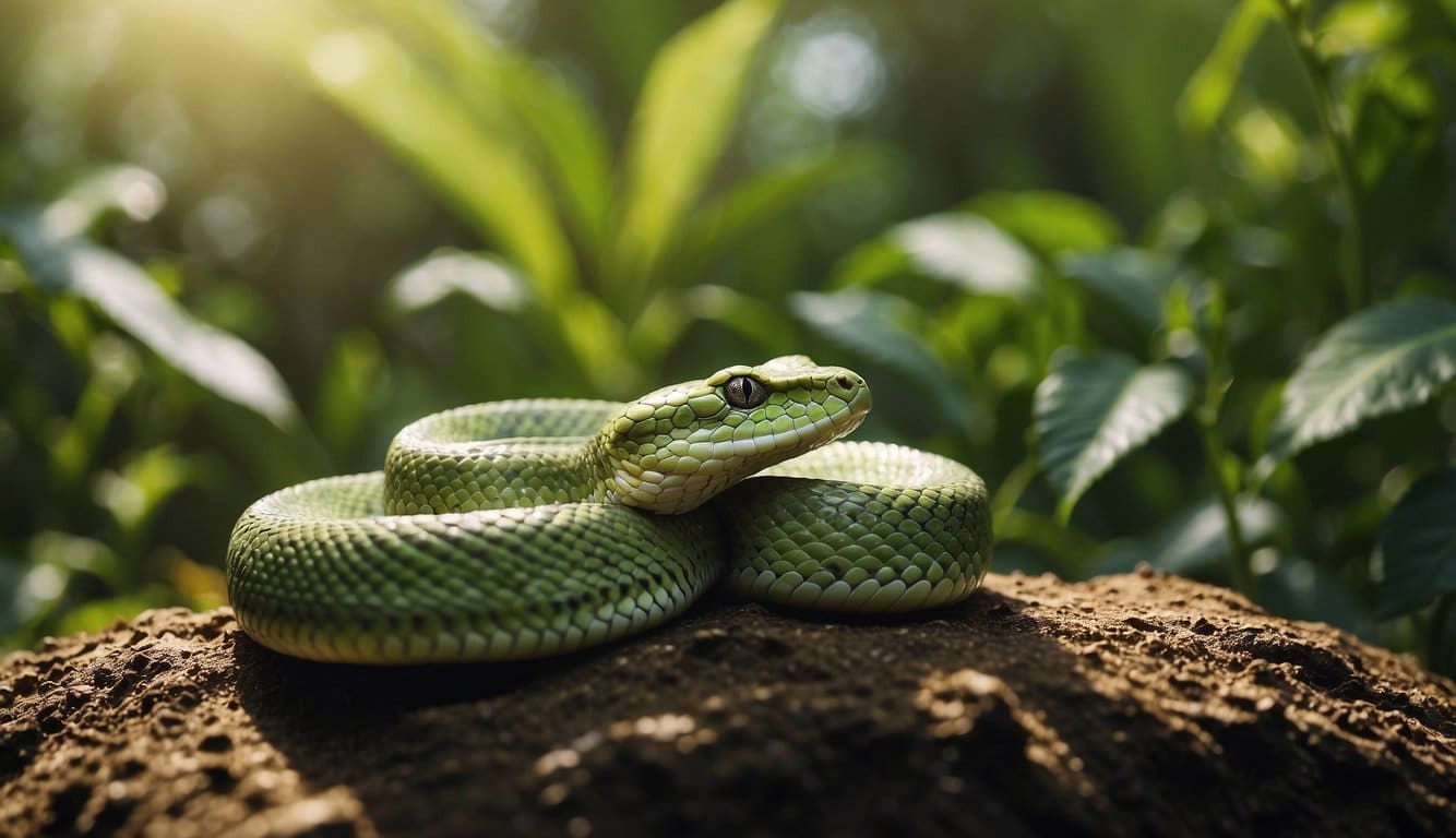 A green viper resting in its natural habitat, surrounded by lush vegetation and basking in the warm sunlight