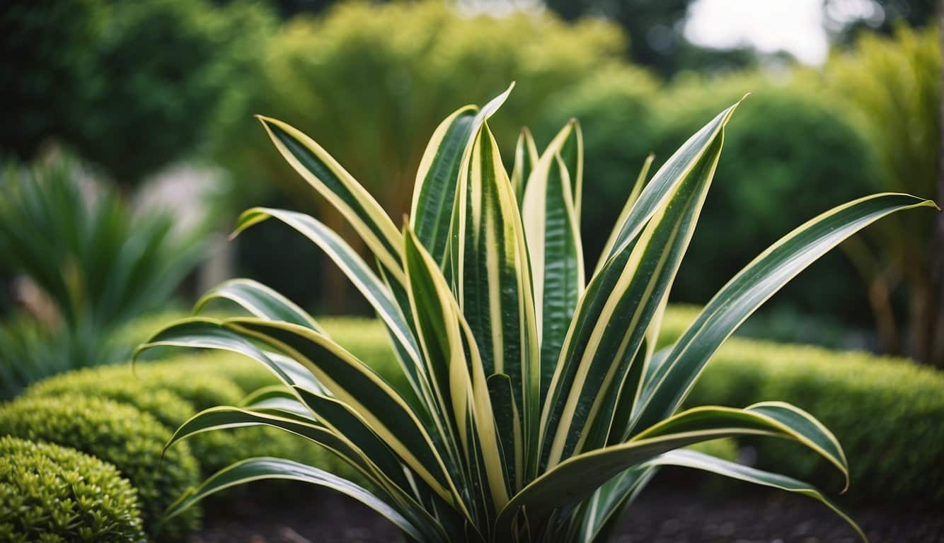 Lush variegated snake plant spreading in a landscaped garden