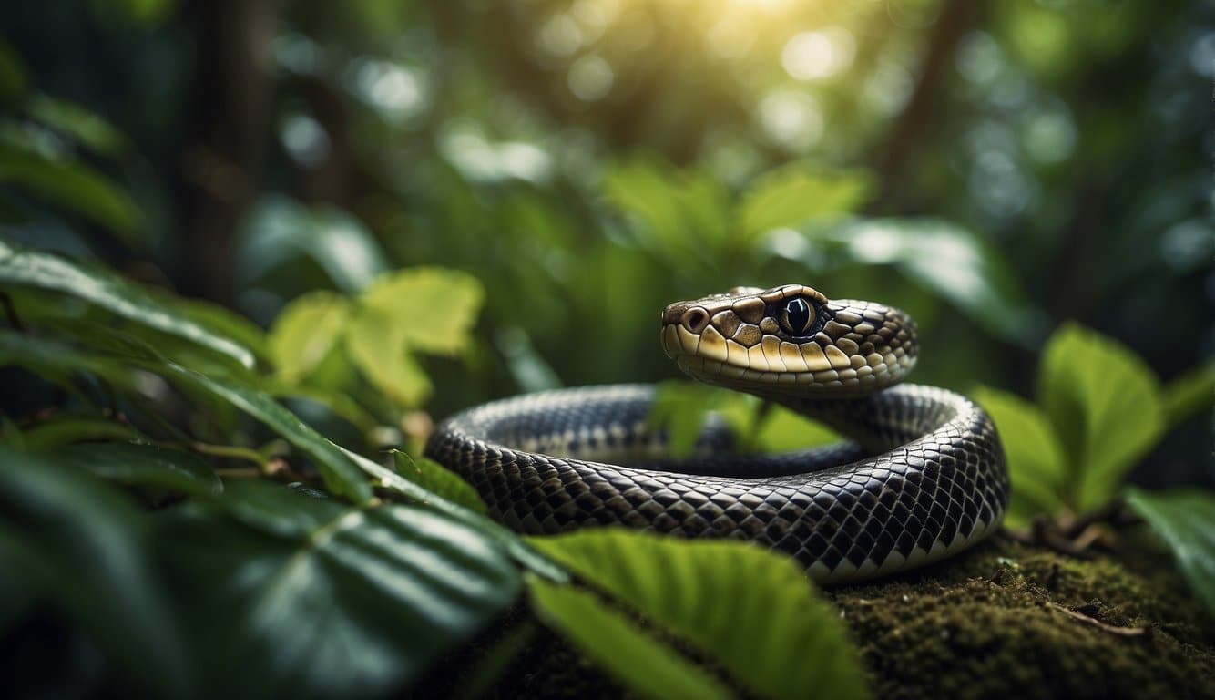Barulho De Cobra: O Que É E Como Se Proteger 4 A snake hisses in a lush jungle, surrounded by vibrant foliage. The sound of its slithering echoes through the dense underbrush