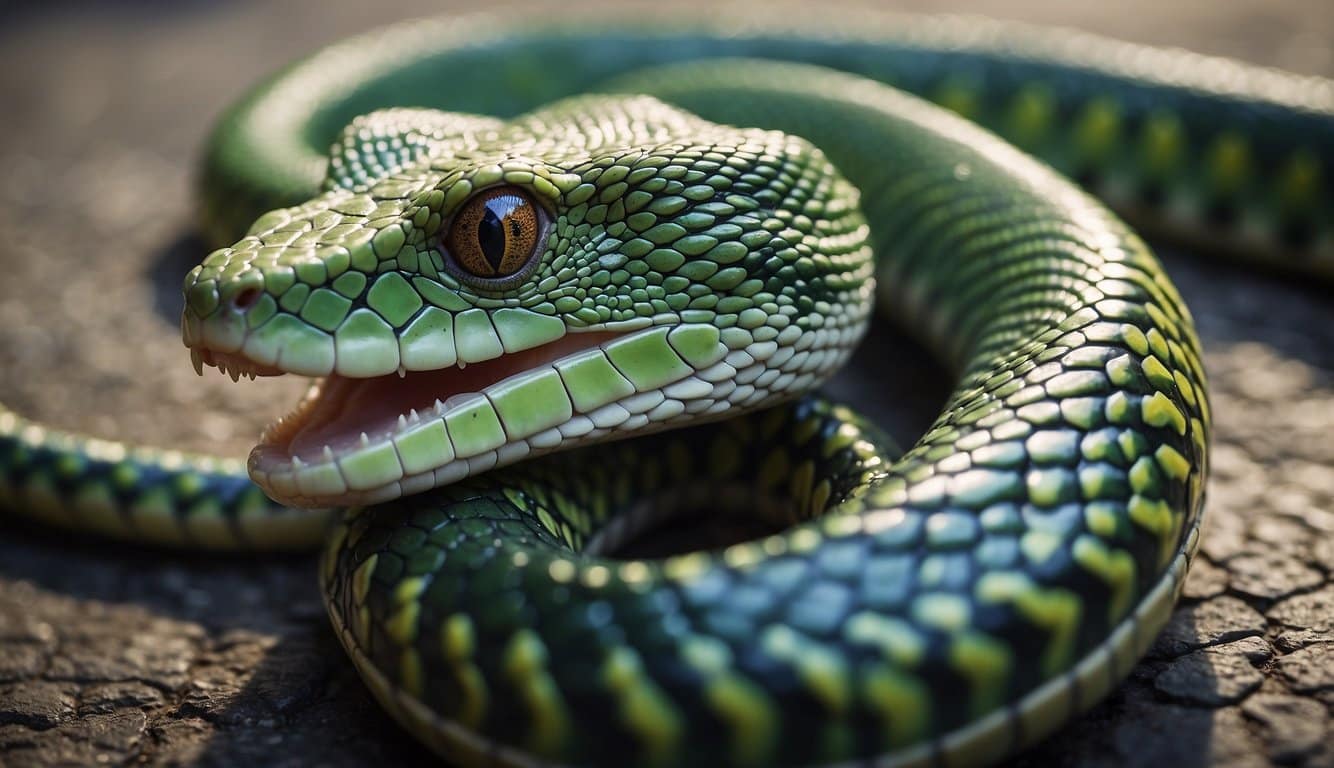 A basilisk snake coiled around a vibrant mosaic of cultural and contemporary influences