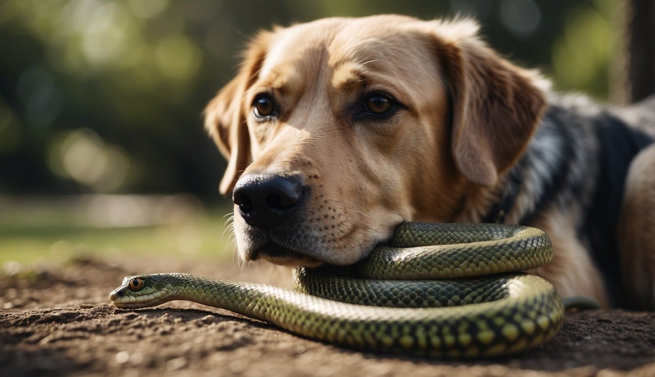 A dog and a snake coexisting peacefully, with the dog wagging its tail and the snake slithering nearby