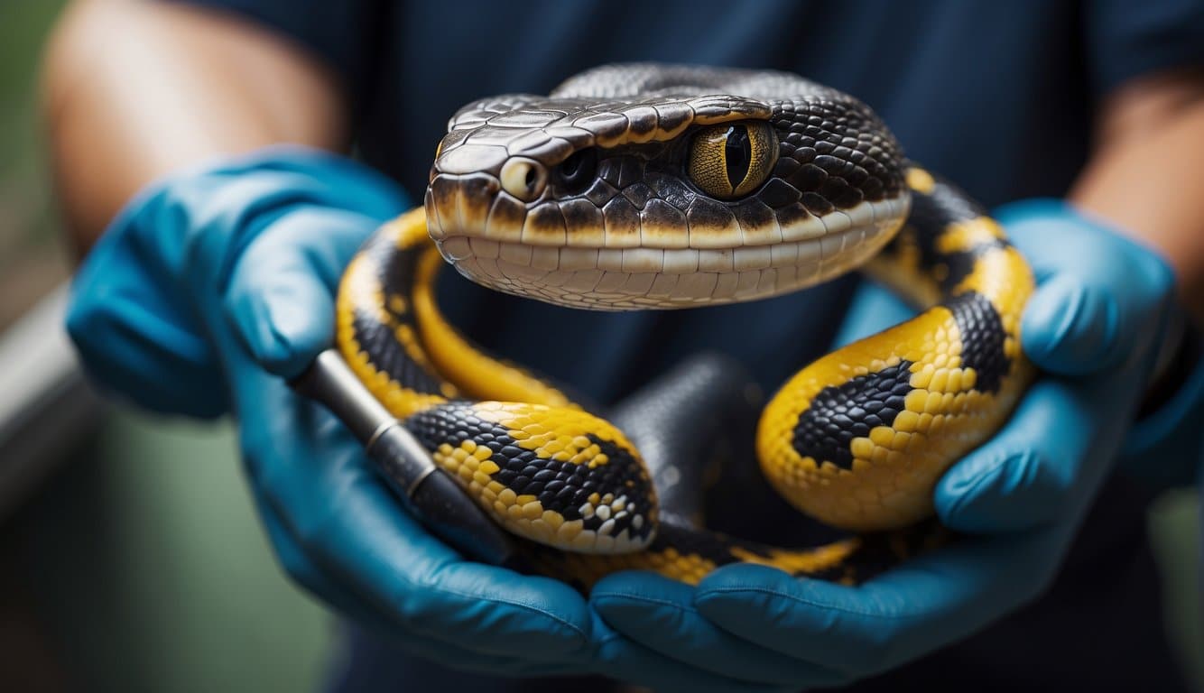 A snake being handled with protective gloves and tools in a controlled environment for health and safety
