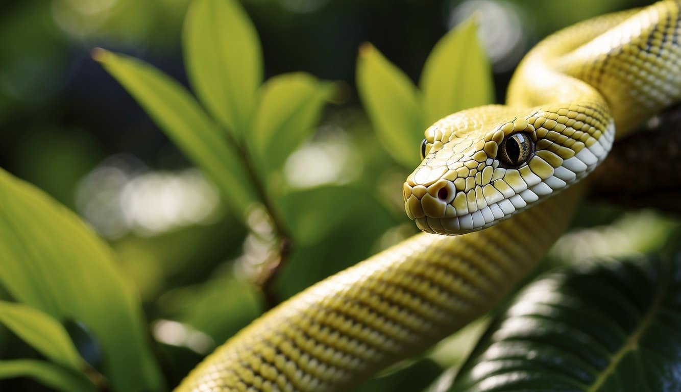 A yellow and white snake slithers through lush green foliage, its scales glistening in the sunlight