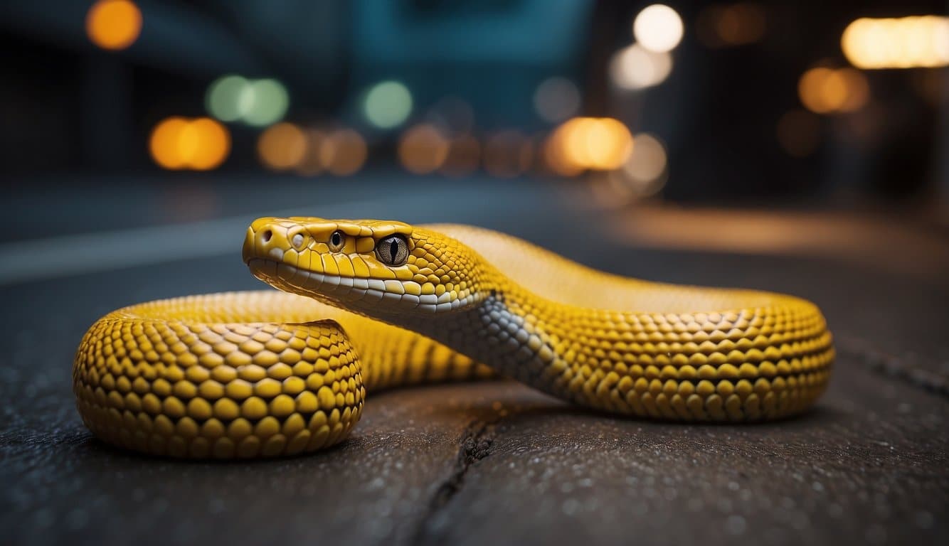 A yellow cobra poised to strike, warning sign nearby