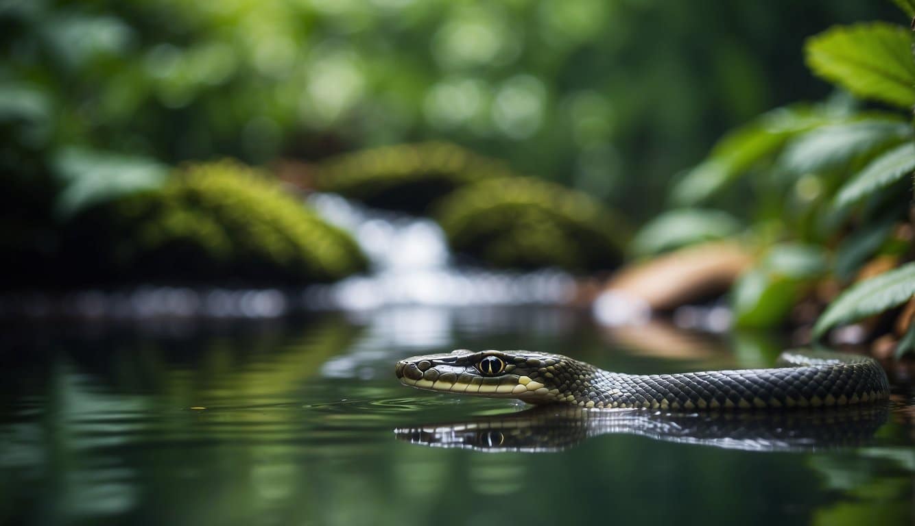 An aquatic snake swimming gracefully in a natural habitat, surrounded by lush greenery and clear, flowing water