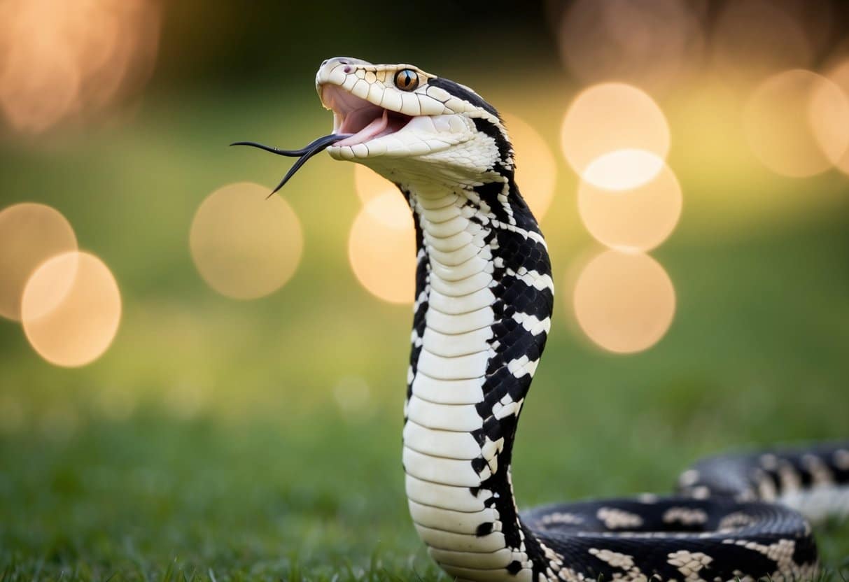 A cobra erguendo-se com os dentes à mostra, pronta para atacar