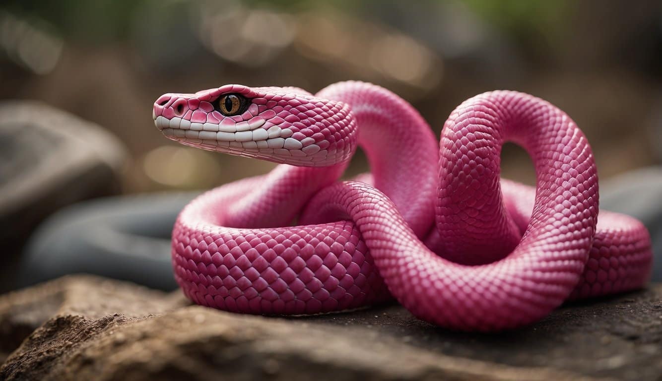 A vibrant pink cobra coils around a cultural impact symbol, showcasing human interaction