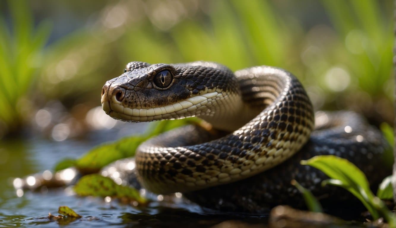 A cottonmouth snake giving birth to live young in a swampy wetland