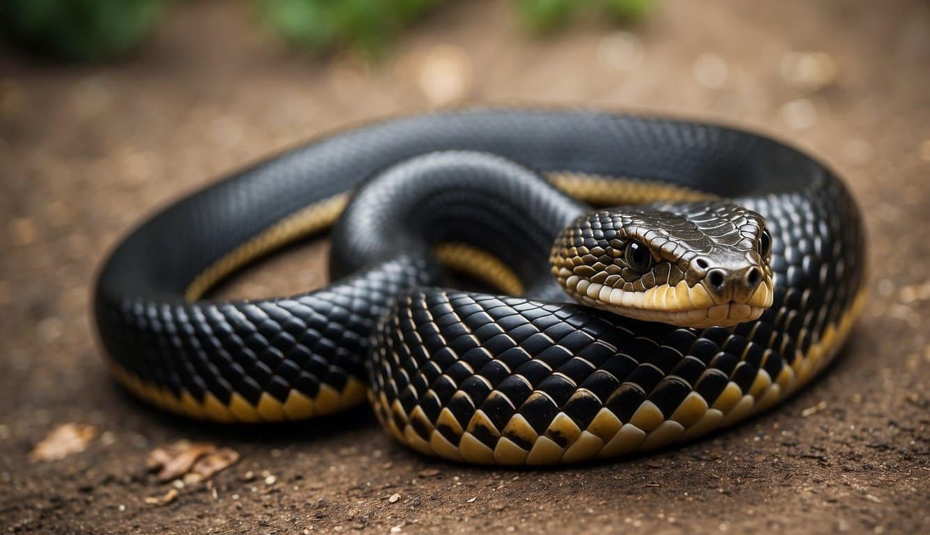 A cobra with a menacing stance, ready to strike, and a bulging belly from a recent meal