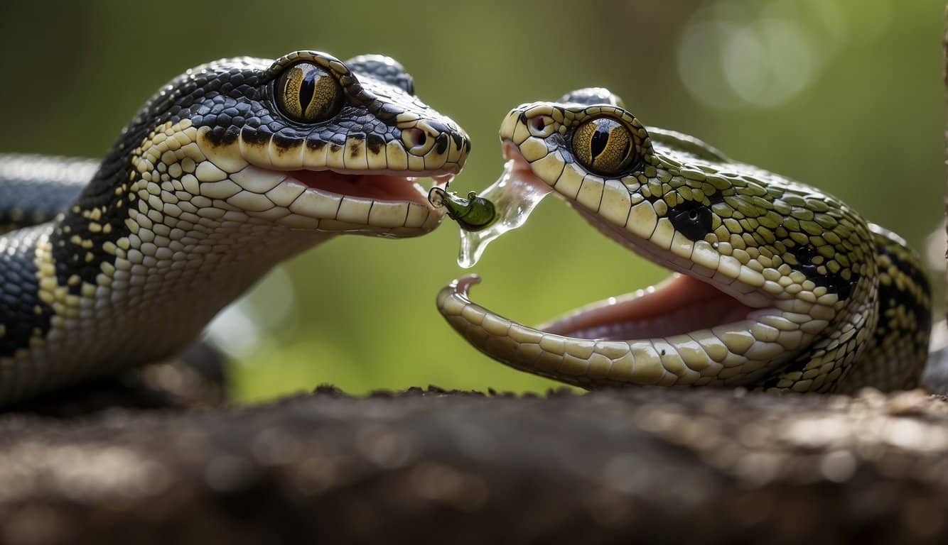A snake capturing a frog's mouth
