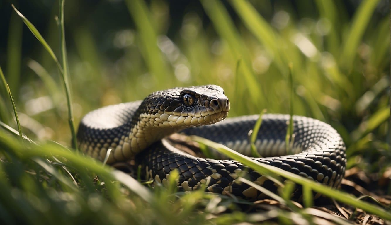 A snake slithers through a grassy field, its scales glistening in the sunlight. It moves with purpose, navigating the terrain with ease