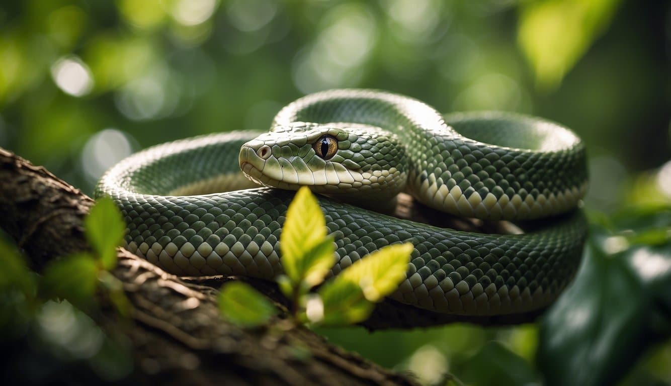 A horned snake is coiled around a tree branch in a lush jungle setting, with vibrant green foliage and dappled sunlight filtering through the leaves