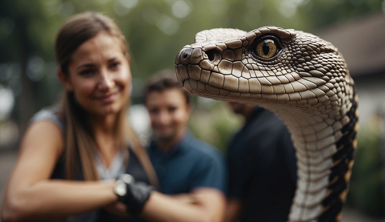 A cobra with a cross on its forehead interacting with humans