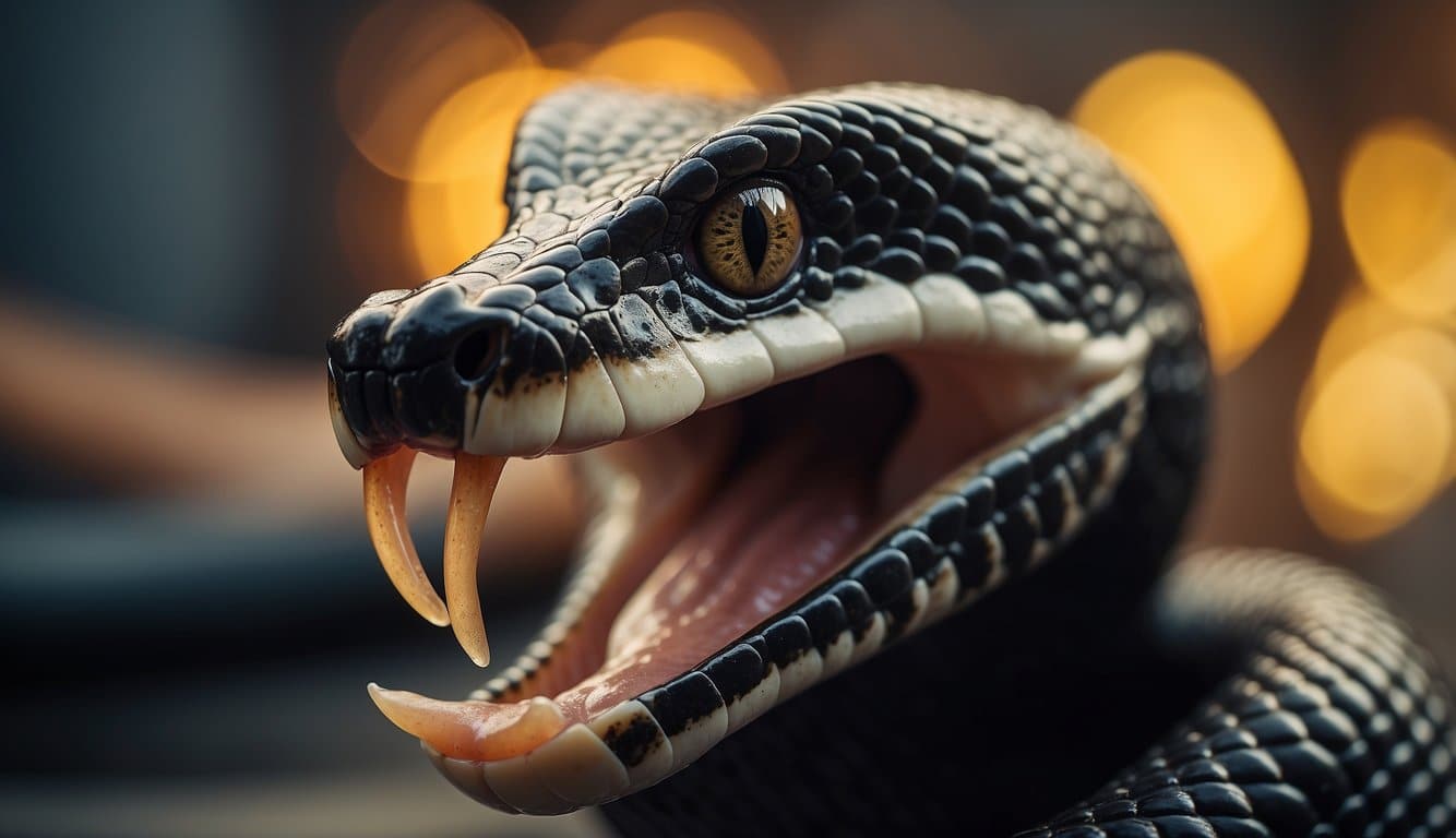 Cobra Com Dente: Conheça As Características E Hábitos Do Réptil 4 A cobra with fangs, poised to strike, with warning signs and safety equipment in the background