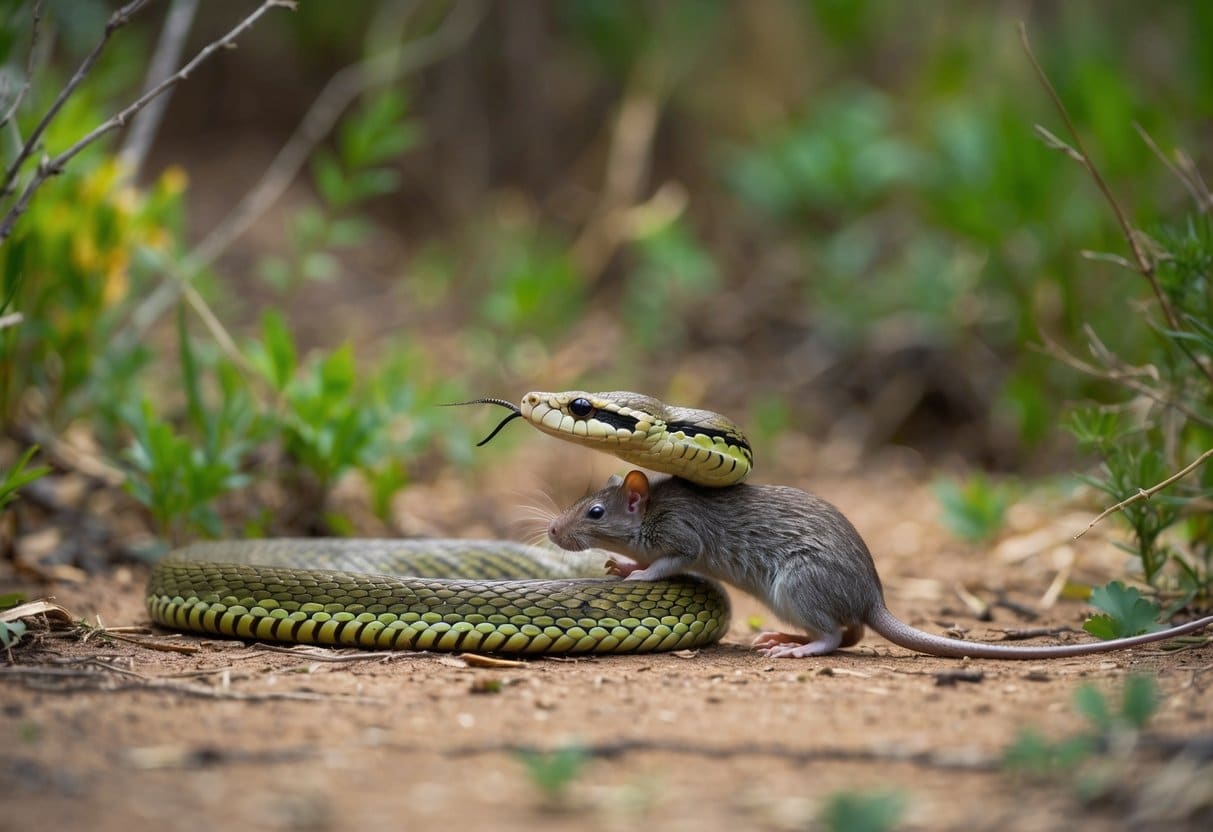 Cobra Comendo Rato: Comportamento Natural e Importância Ecológica 4 Uma cobra devorando um rato em um ambiente natural, cercada por vegetação e vida selvagem