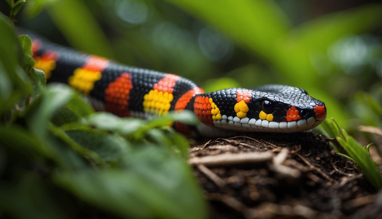 A baby coral snake slithers through the lush green undergrowth, its vibrant red, yellow, and black bands standing out against the foliage