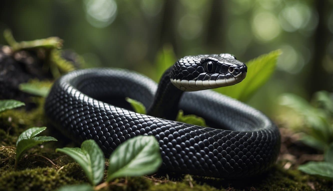 A black racer snake slithers through a lush forest, interacting with surrounding wildlife