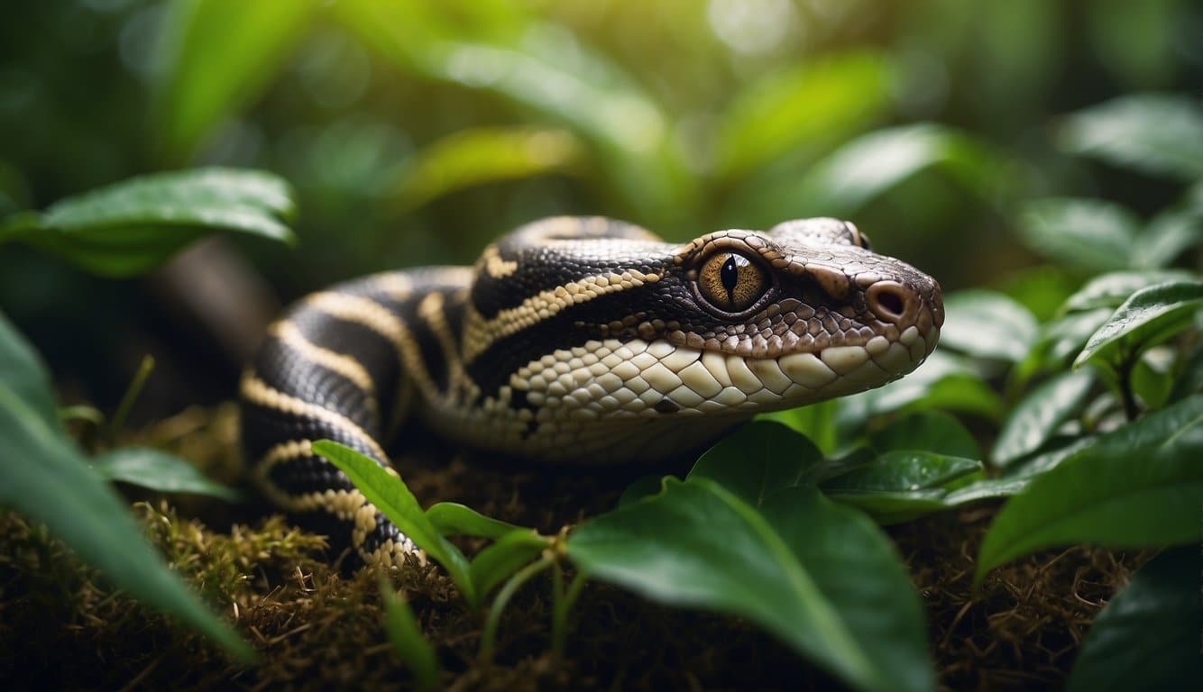 A baby boa constrictor slithers through lush green foliage, highlighting the importance of ecological conservation