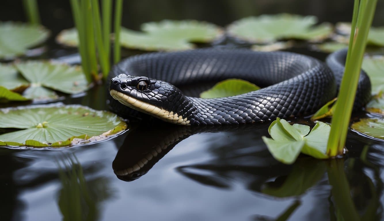 A black water snake swimming in a murky pond, hunting for fish and frogs among the reeds and lily pads