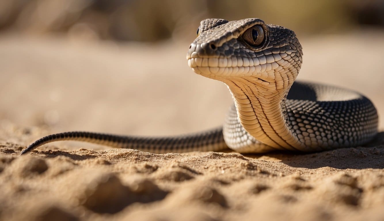 A sand cobra threatens a desert lizard, coiled and ready to strike