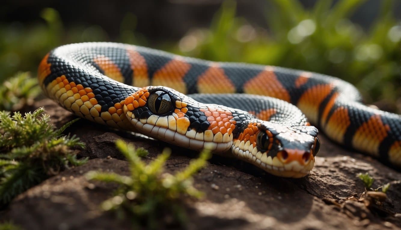 A milk snake slithers near a warning sign, its vibrant colors contrasting with the cautionary message