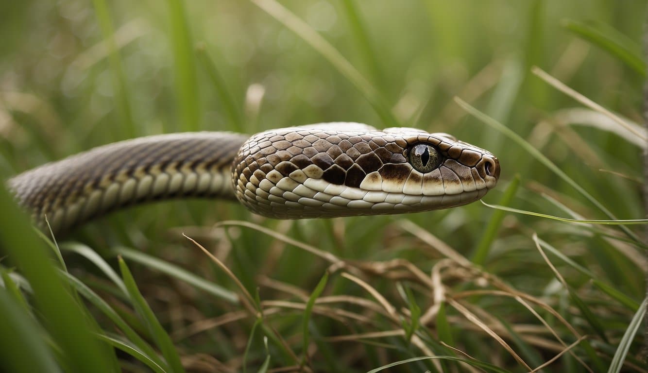 A green and brown snake slithers through tall grass, flicking its tongue and coiling its body