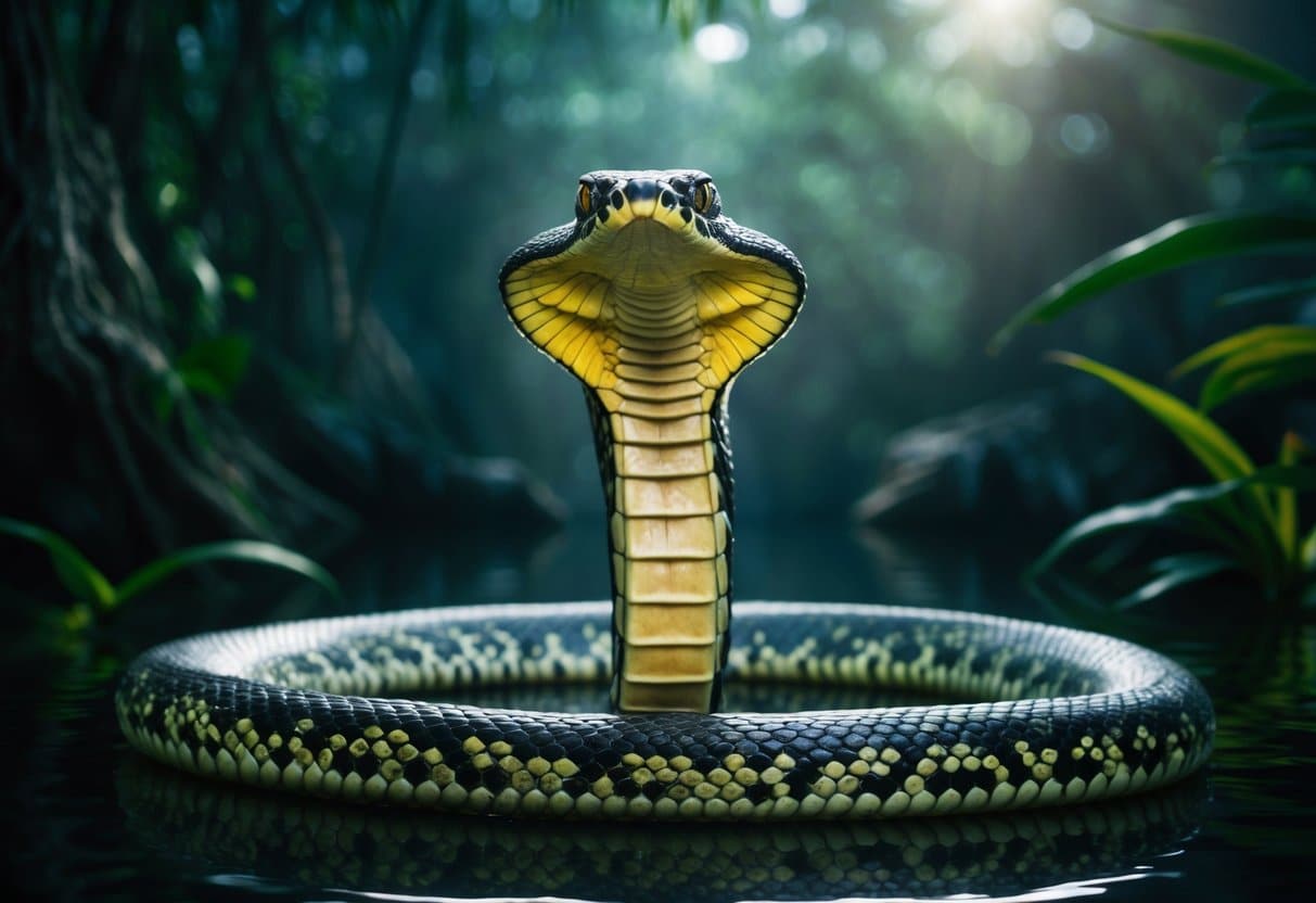 Uma temível cobra de sete cabeças emergindo de uma selva escura e mística