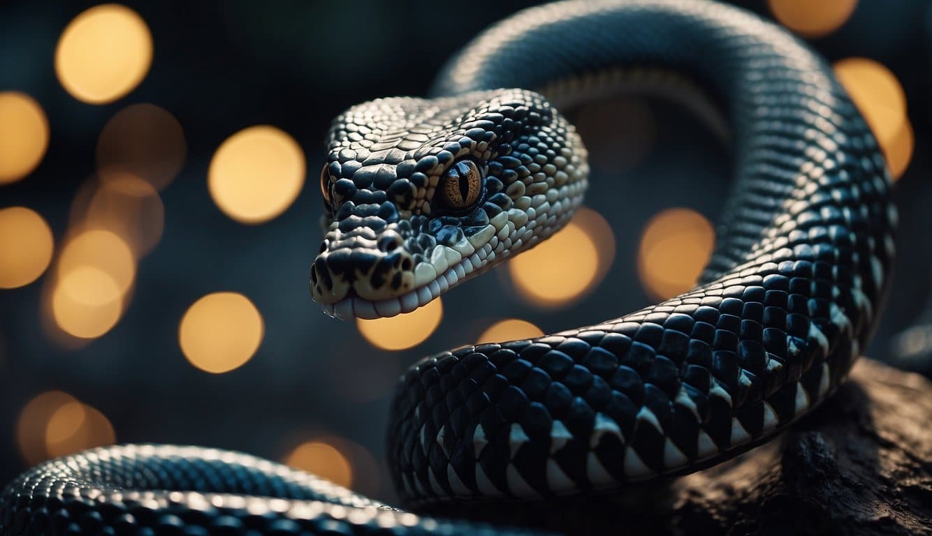 A cobra and a serpent intertwine, their scales glistening in the moonlight, as they engage in a delicate dance of interconnection