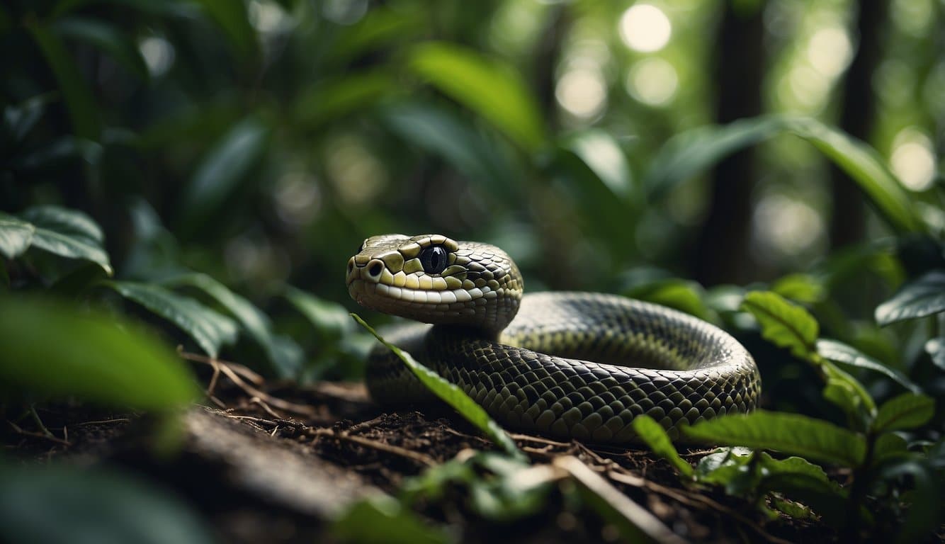 A snake slithers through a lush, tropical forest, blending in with the vibrant foliage. Its sleek, scaly body moves gracefully across the forest floor, showcasing its beauty and adaptability