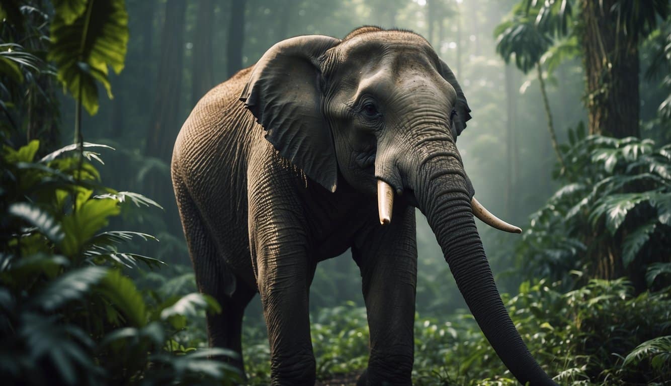 An elephant and a snake coexist in a lush jungle, showing the balance of nature and the threats they face