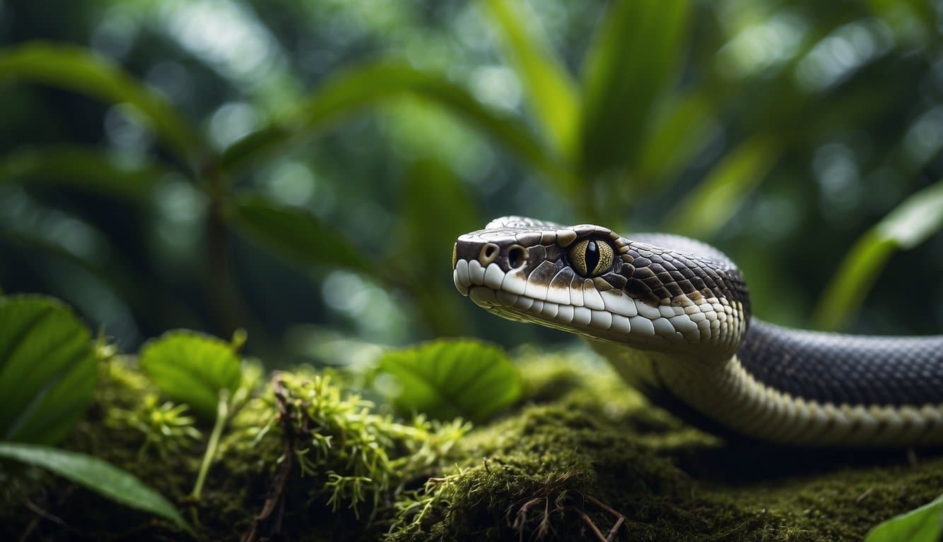 A snake in a lush jungle, devouring various animals, depicting environmental and ecological impact
