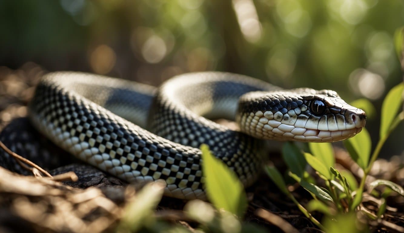 A jararaca snake slithers through the dense underbrush, its scales glistening in the dappled sunlight as it searches for a mate
