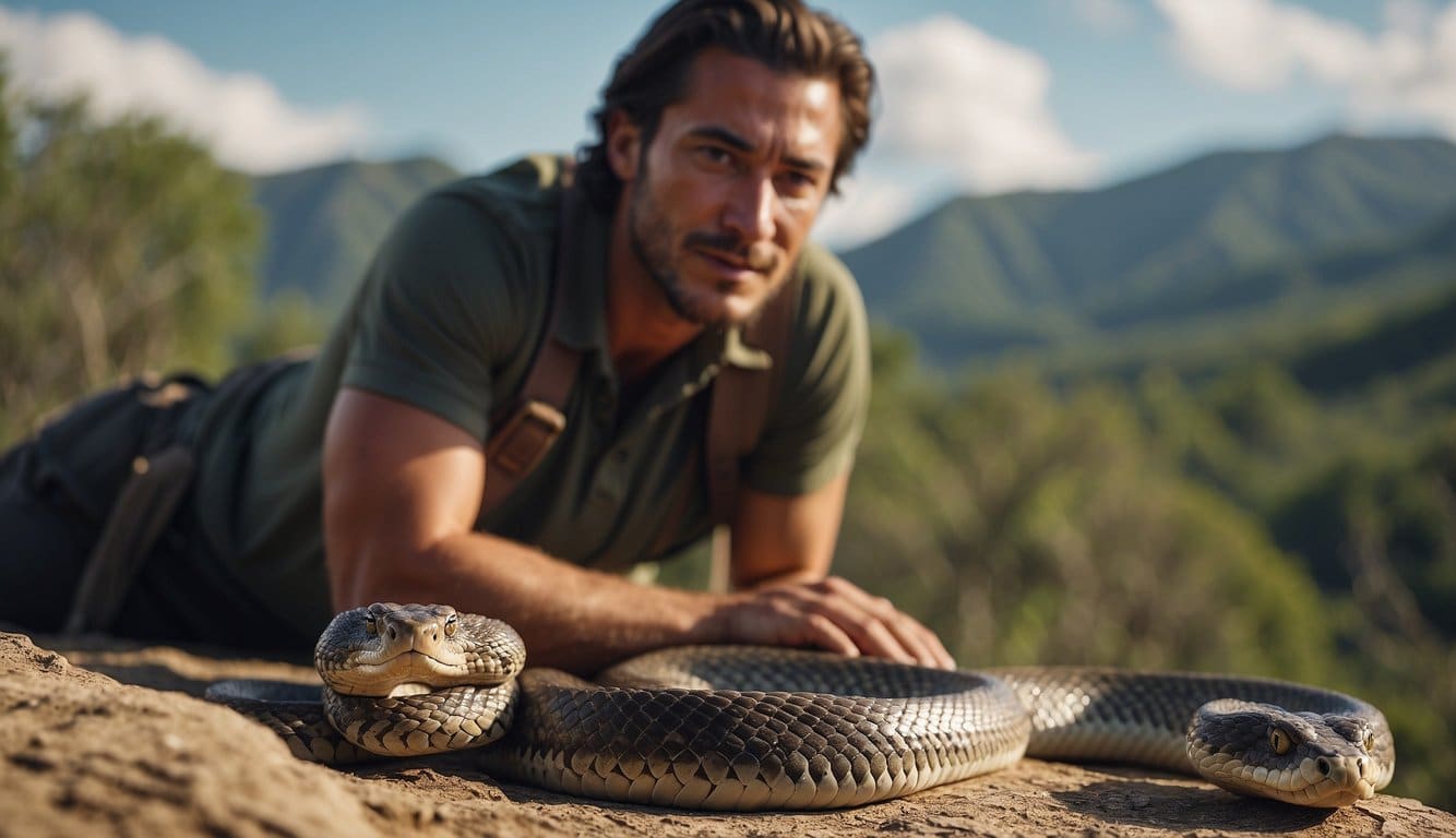 A giant snake in a conservation setting with human interaction