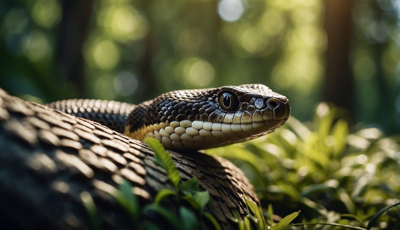 Cobra Mamífera: Conheça As Características E Hábitos Deste Réptil 4 A mammal-eating snake slithers through a lush forest, its scales glistening in the dappled sunlight as it hunts for prey
