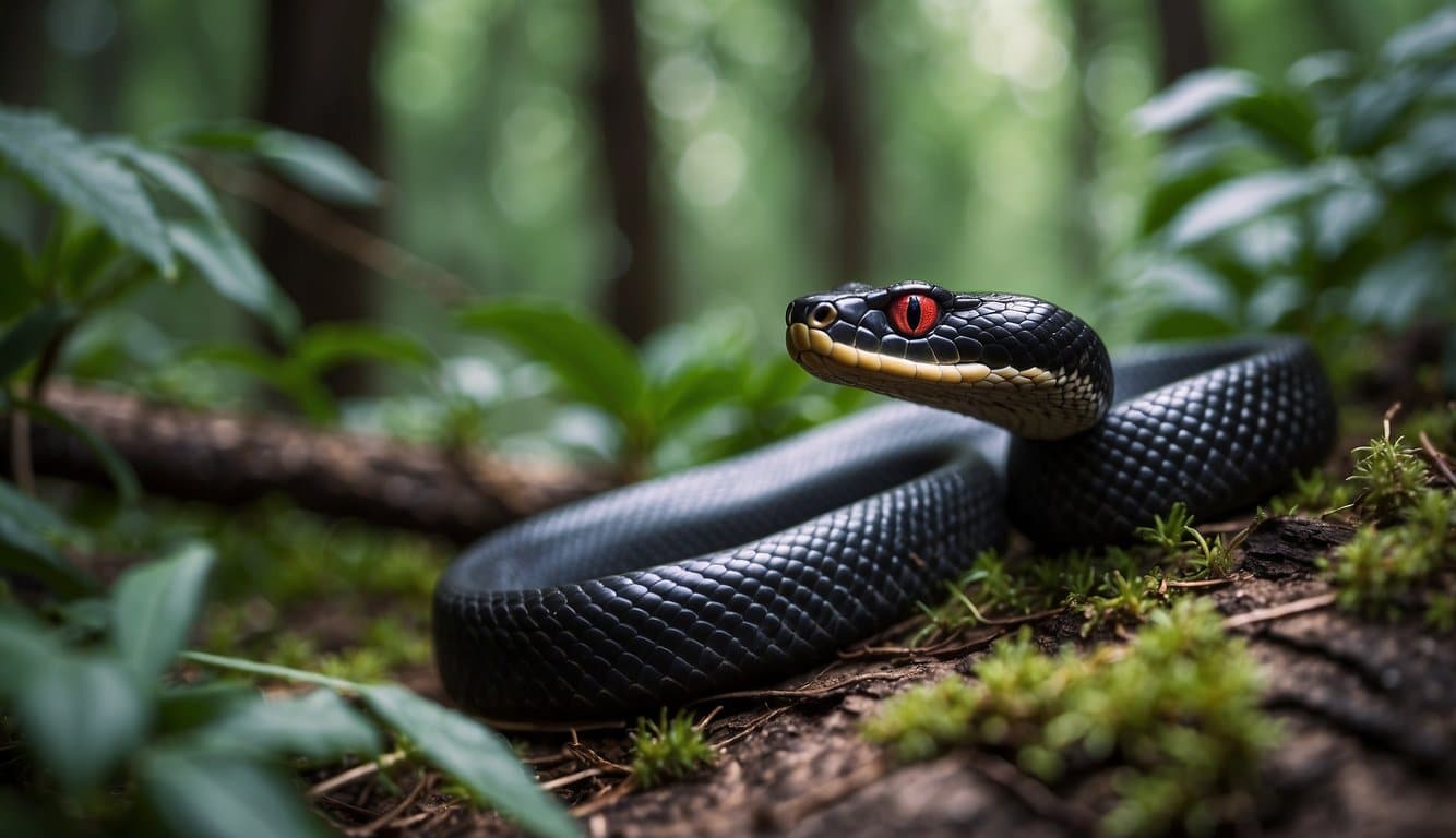 Cobra Negra De Barriga Vermelha: Características E Habitat 4 A black snake with a red belly slithers through the forest undergrowth