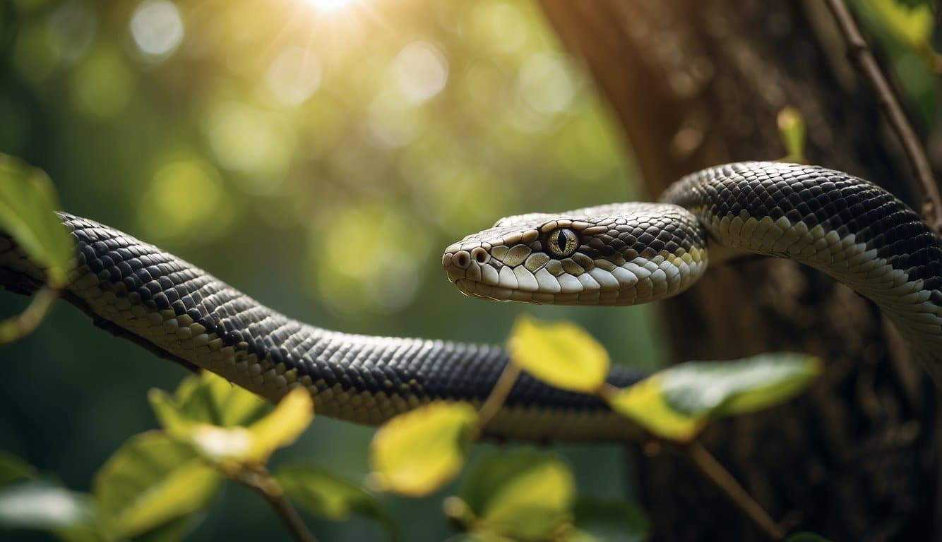 A snake coiled around a tree branch, scales glistening in the sunlight, with lush green foliage in the background