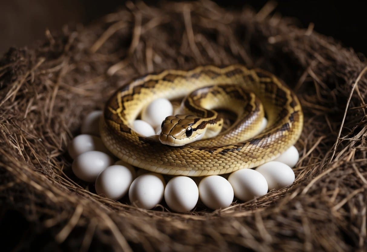 Uma mãe cobra se enrola em seus ovos, protegendo-os em um ninho quente e escuro. Os ovos são lisos e brancos, dispostos em um aglomerado apertado.