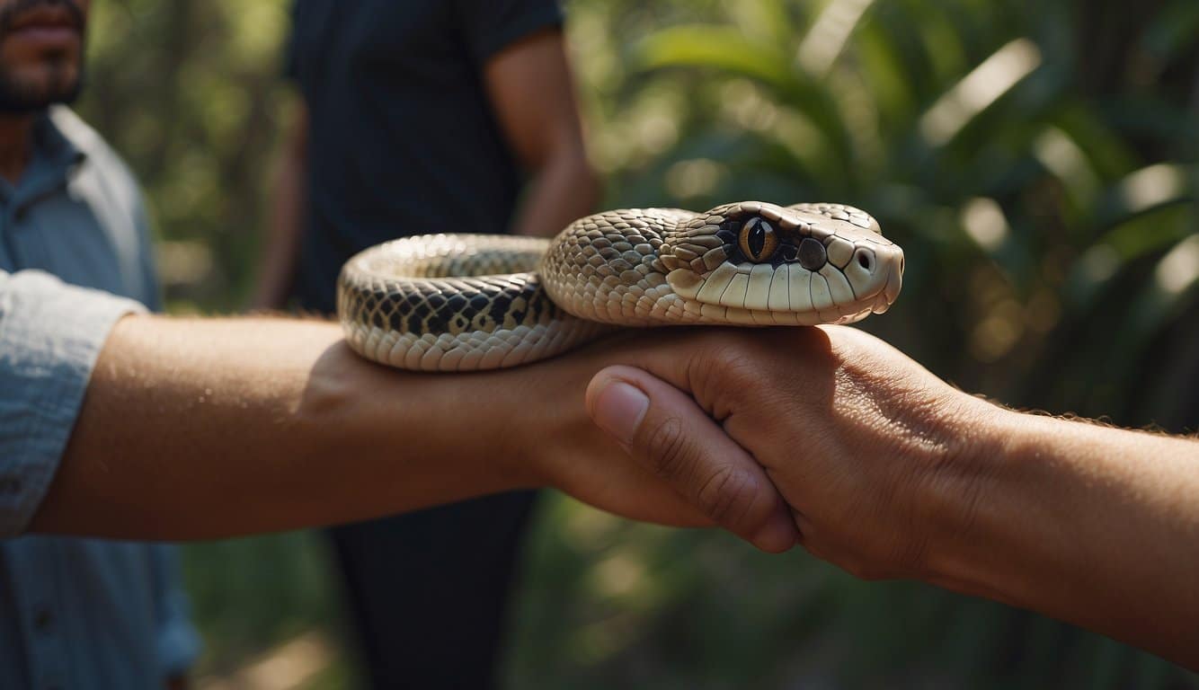 A snake coils around a patron's arm in a human interaction conservation scene