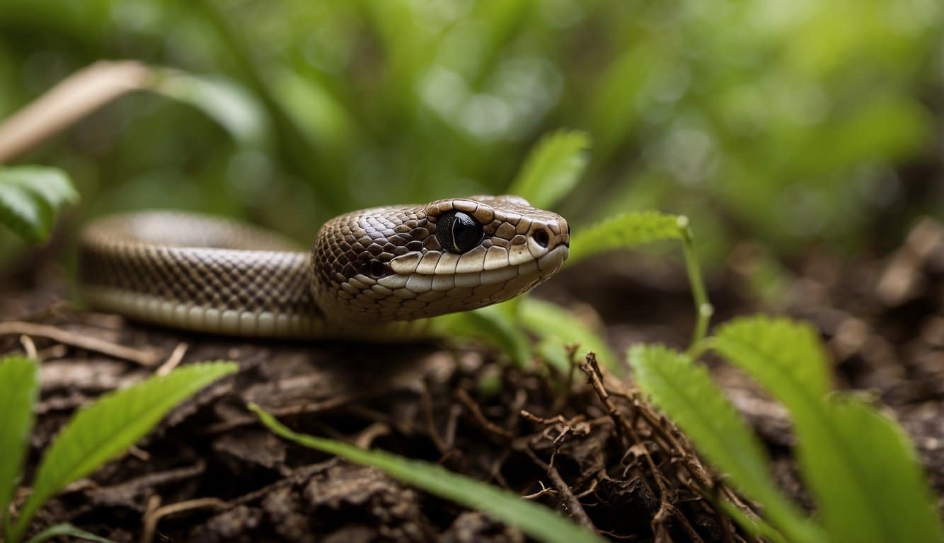 A small brown snake slithers through the underbrush, shedding its skin as it grows, illustrating the process of reproduction and the life cycle