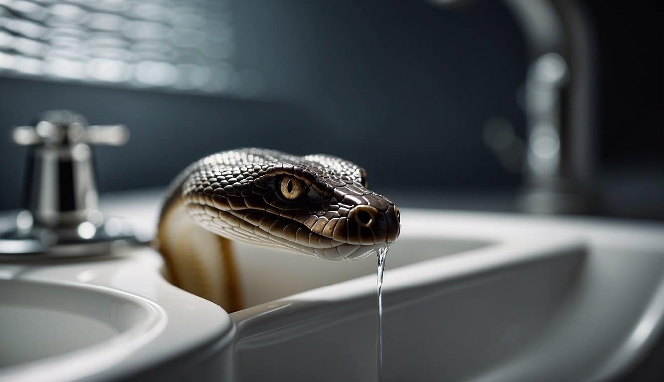 A cobra slithers towards a sink, its scales glistening in the light. The faucet drips, creating a mesmerizing pattern on the smooth surface