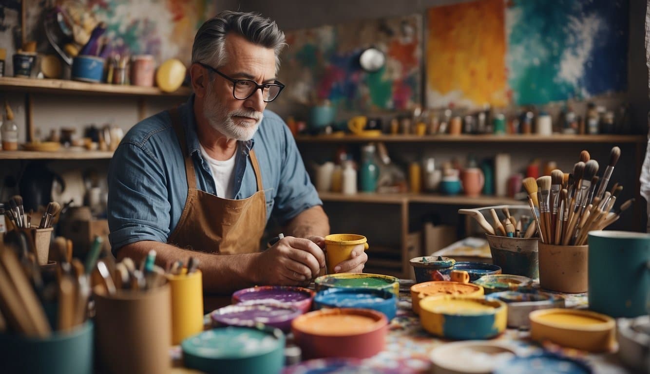 A painter faces creative challenges, surrounded by brushes, canvases, and colorful palettes in a bright, cluttered studio