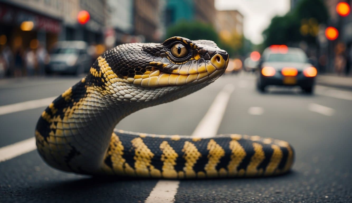 A giant python slithers through a busy intersection, drawing attention from onlookers