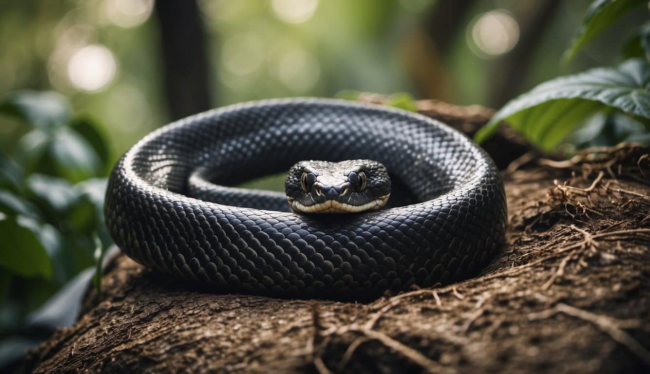 A black python coiled around a tree, surrounded by human impact on its natural habitat